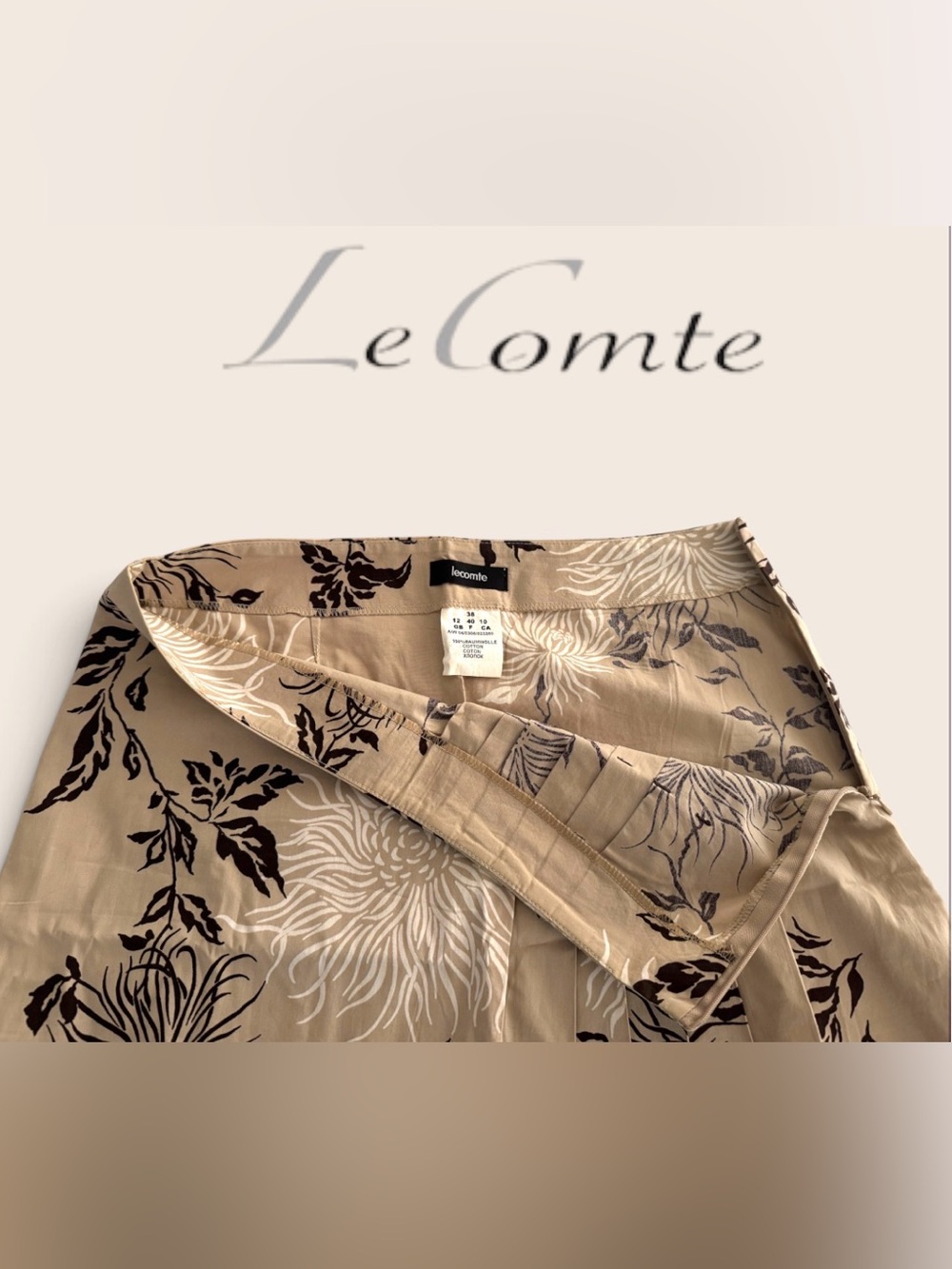 Lecomte Beige and Brown Floral Pleated Women’s Midi A-line Skirt - Picture 2 of 4